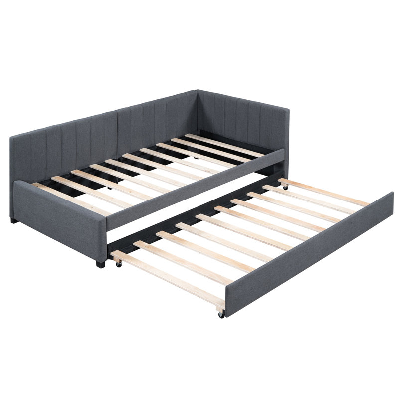 Lit de jour sans sommier avec couchette simple, tissu en lin (gris), tissu d'ameublement de taille compacte, propriété de lit solide, ressort, élément gris