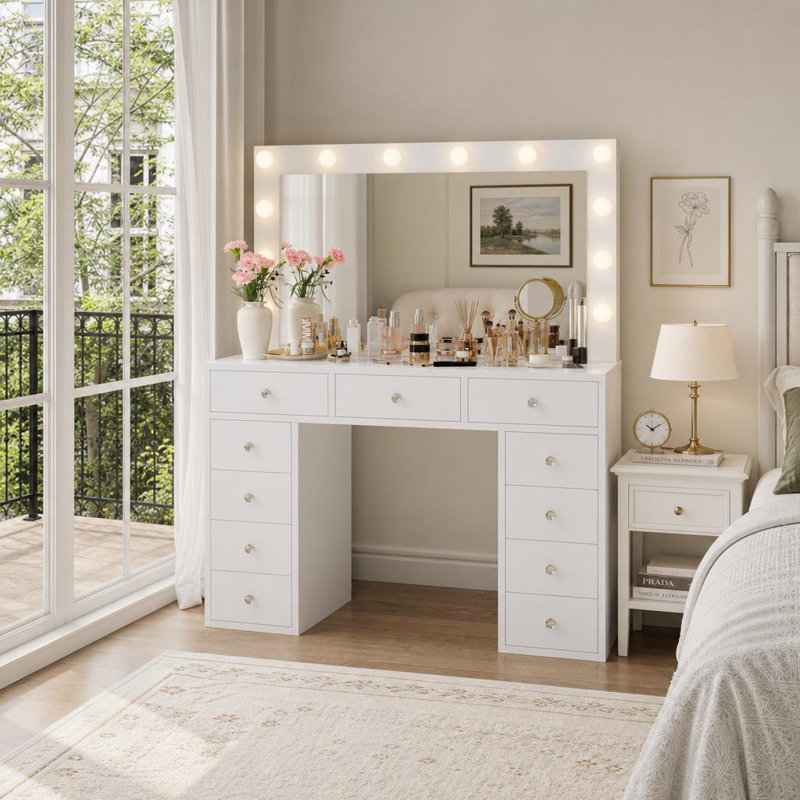Bureau de meuble-lavabo avec miroir à DEL et lumières, coiffeuse de maquillage avec 2 tiroirs, armoire de rangement, tablettes ouvertes et prise de courant