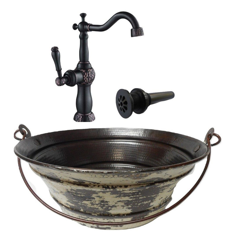15 lavabos vasque en cuivre extérieur, robinet et drain inclus, Blanc patiné