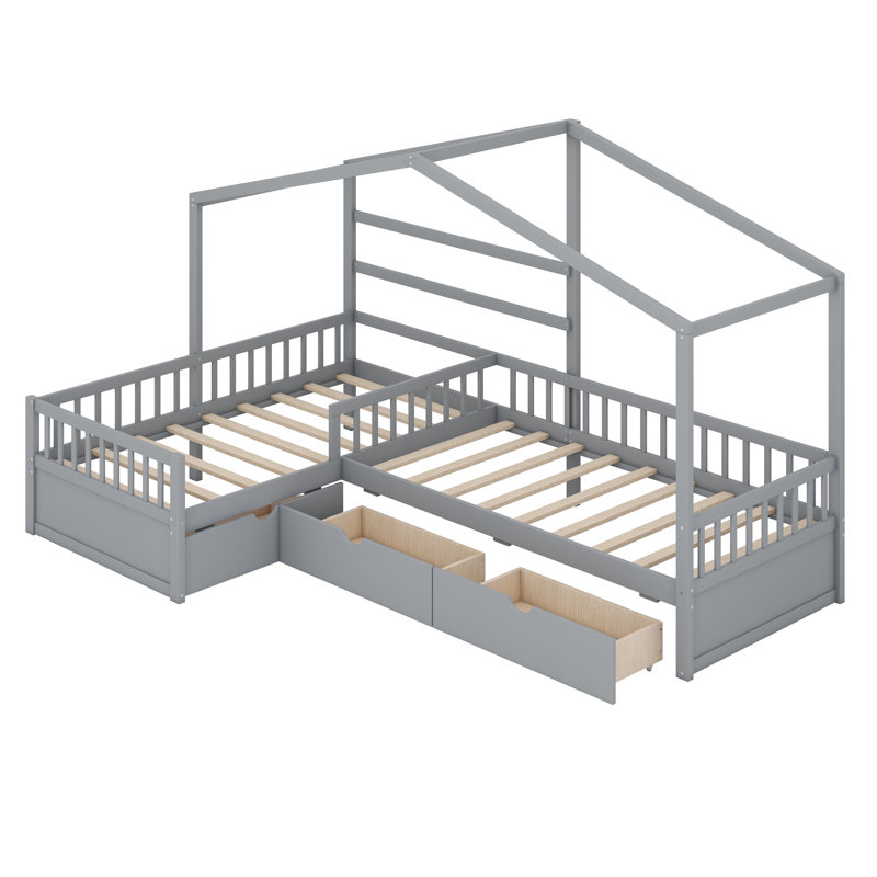 Lit plateforme House avec trois tiroirs de rangement, Gris