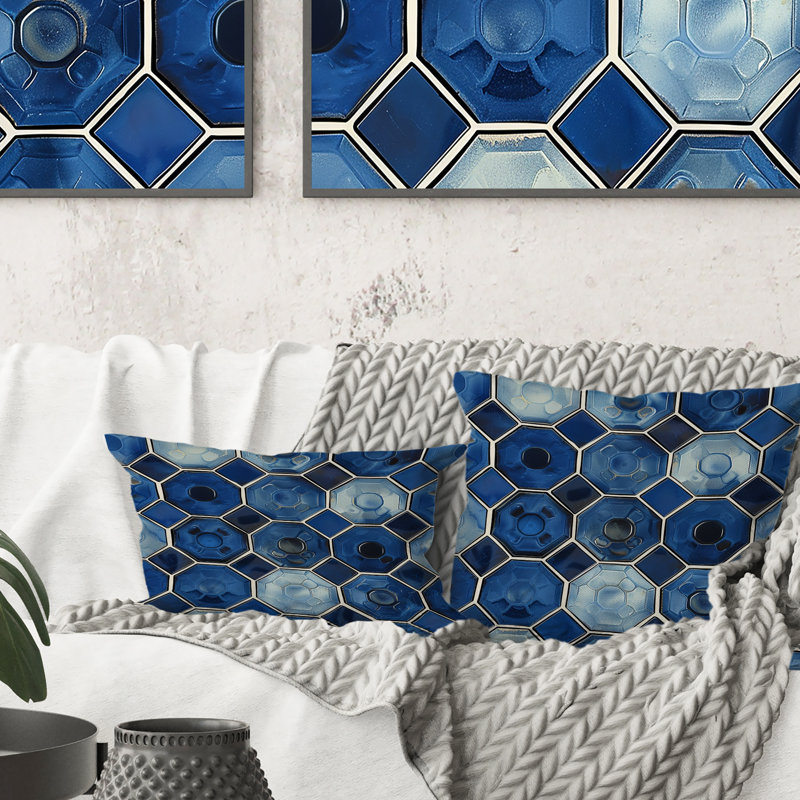 Coussin lombaire moderne à motif hexagonal bleu et blanc VII