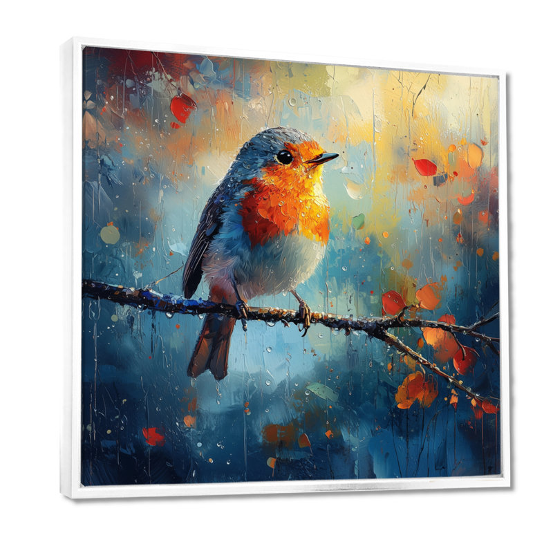 Oiseau Robin dans la rosée du matin - Art mural oiseau, H 36 po x l 36 po, Impression encadrée flottante, Blanc