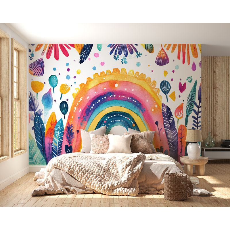 Motif aquarelle et feuillage fantaisiste - Papier peint à motif nature artistique coloré - Décoration de chambre d'enfant