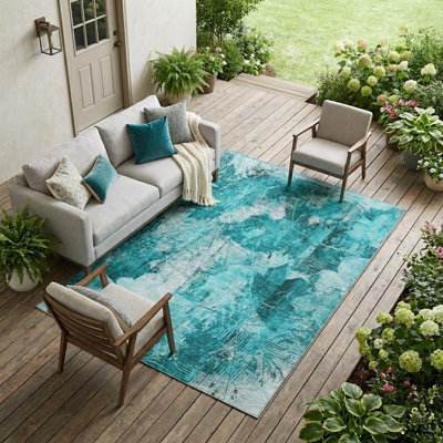 10' X 14' Teal Floral Washable Non Skid Indoor Outdoor Area Rug