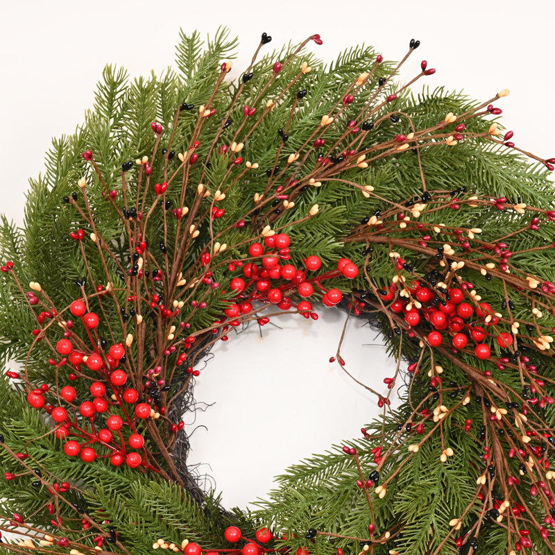 Couronne de sapin de Noël 24 po, Vert / rouge / brun / noir