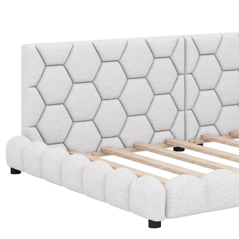Un lit plateforme entièrement rembourré de taille double, équipé de ports USB et d'une bande à DEL, Blanc