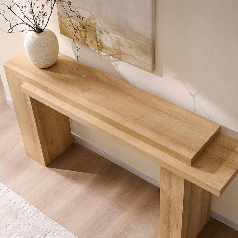 Console Mid-Century moderne, 33.5" H x 63" W x 13.8" D, Natural Wood