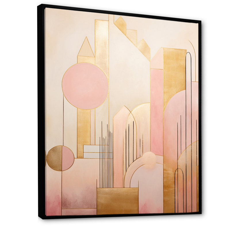 City of Gold, subtile géométrie rétro, or rose sur toile, Cadre flottant noir, H 40 po x l 30 po