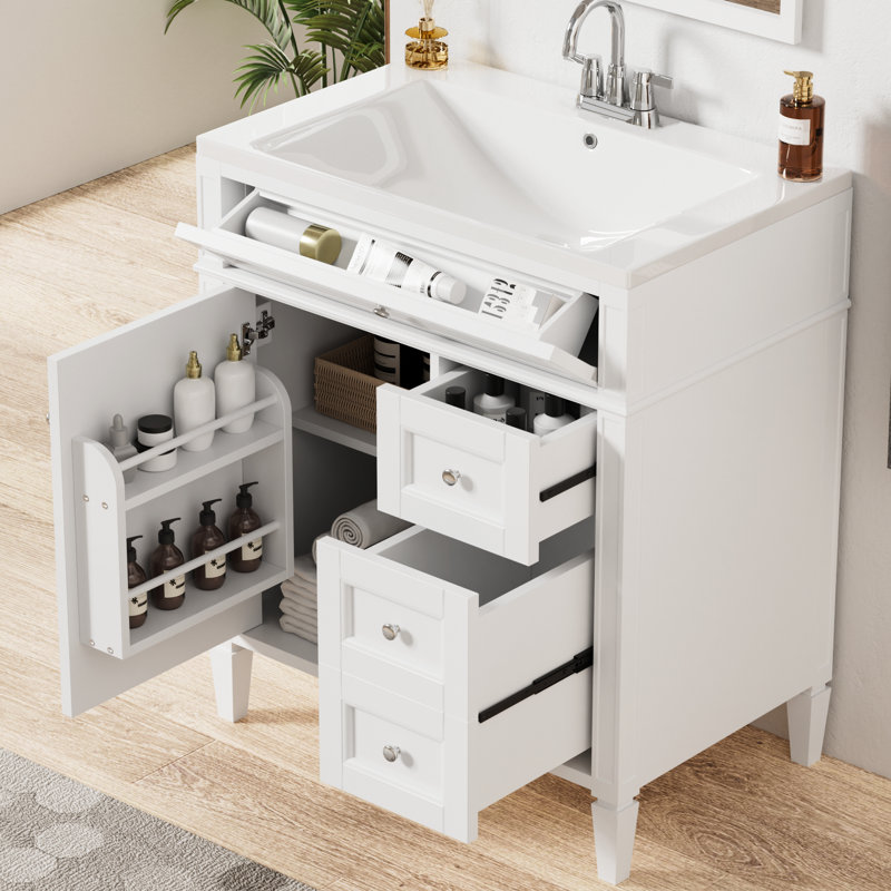 Meuble-lavabo moderne de 30 po avec lavabo supérieur, 2 tiroirs, tiroir coulissant, tablette réglable, glissières de tiroir en métal lisse, fonctions de rangement variées, pieds romains exquis, poignée texturée, blanc +