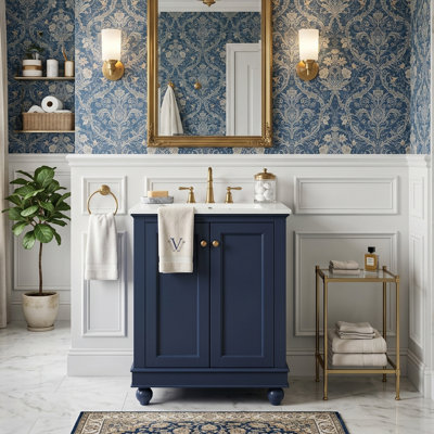 24" Freestanding Bathroom Vanity With Ceramic Sink, Solid Wood Blend Cabinet With Ball-Shaped Legs & Adjustable Shelf, Blue/Green/White