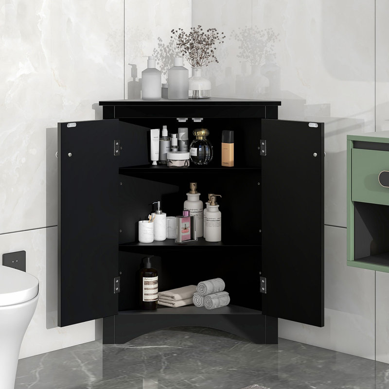 Triangle Bathroom Storage Cabinet With Adjustable Shelves, Freestanding Floor Cabinet For Home Kitchen, Black