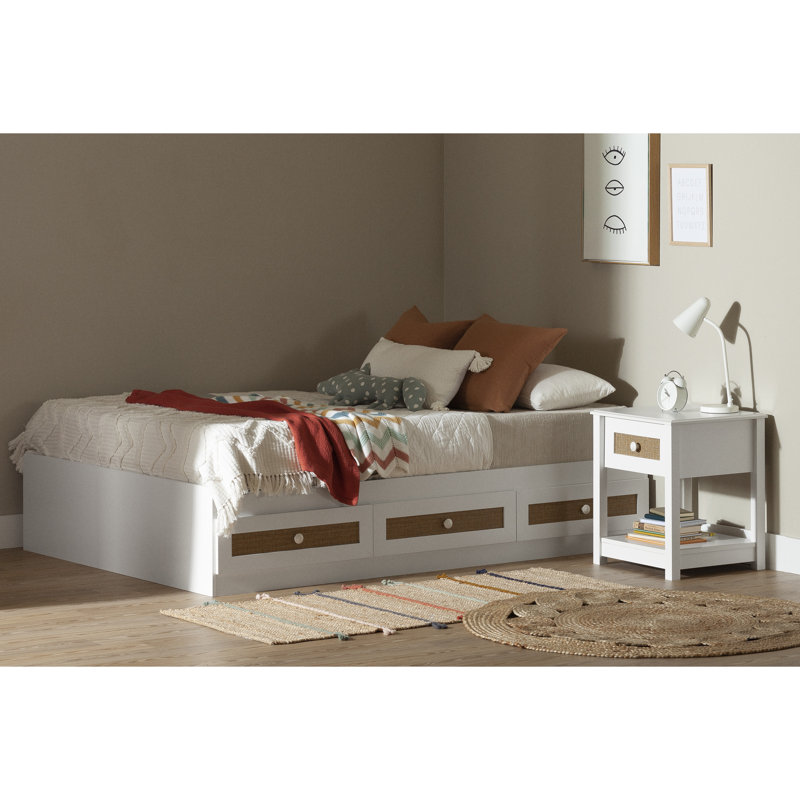 White Twin Platform Bed with Faux Rattan Drawers
