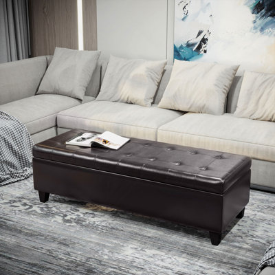 51" Ottoman Storage Bench, Faux Leather Storage Chest with Lift Top, Tufted Ottoman with Storage for Living Room, Entryway, Dark Brown