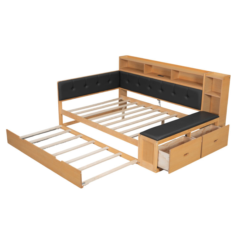 Full Size Wood Daybed with Trundle, Storage Shelves, Bench, Charging Station and Upholstered Headboard, Natural Color+Black Cushion