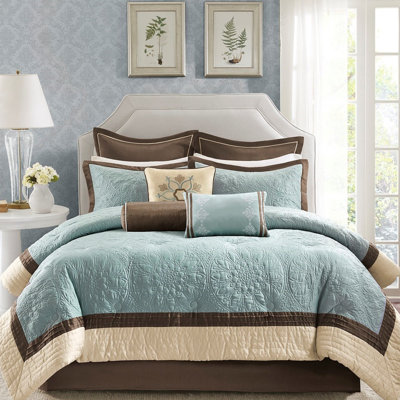 Édredon bleu Charmeuse pour grand lit, avec 2 taies décoratives européennes et accessoires brodés, 3 coussins pour grand lit