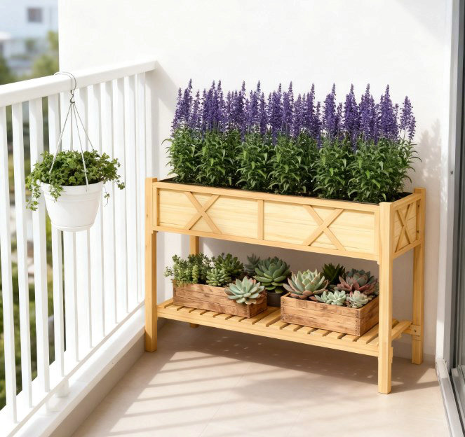 Dual-Tier Elevated Wood Planter Box,Raised Garden Bed,With Storage Shelf,Drainage Holes,And Liner, Natural Wood