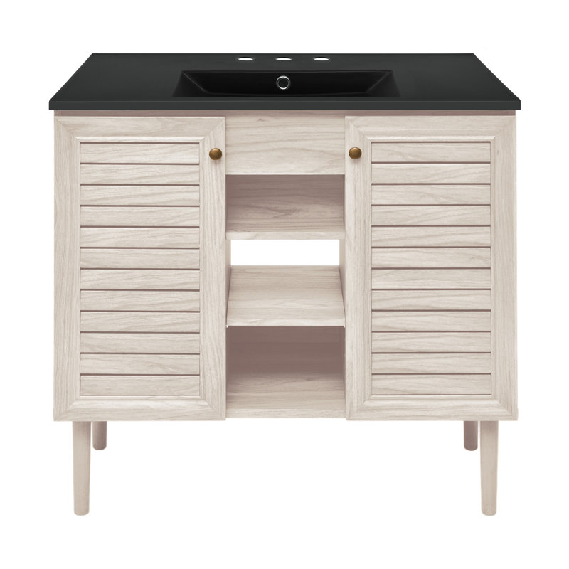 Meuble-lavabo autoportant 36 po Bron en chêne brun avec comptoir à 3 trous noir, Noir, noir, noir, noir, Chêne brun, 8 po