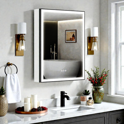 Armoire à pharmacie éclairée avec miroir et cadre noir, encastré / en surface, à brancher / câblé, prises + USB, 3 couleurs / gradateur / capteur de lumière interne / désembuage, charnière à gauche