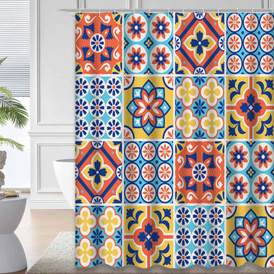 Decorative Colorful Tile Spanish Navy Shower Curtain with 12 Hooks