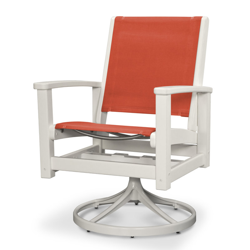 Chaise berçante pivotante POLYWOOD Coastal, Tissu natté bleu bord de piscine, Blanc satiné / blanc