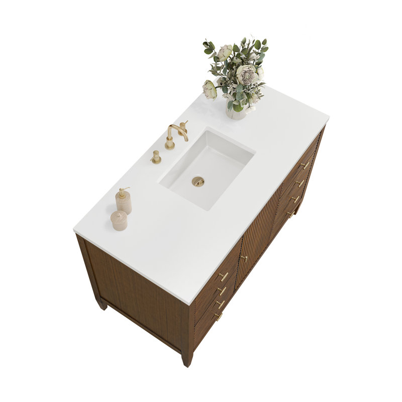 Myrrin 48'' W Single Vanity, Mid-Century Walnut, 8" Widespread, White Zeus
