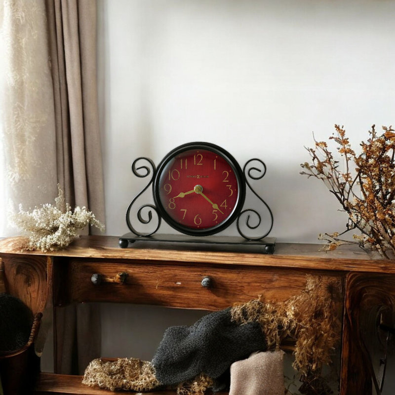 Marisa Traditional Tabletop Clock, Scrolling Iron Frame with Antique Red Dial, Arabic Numerals, Convex Glass