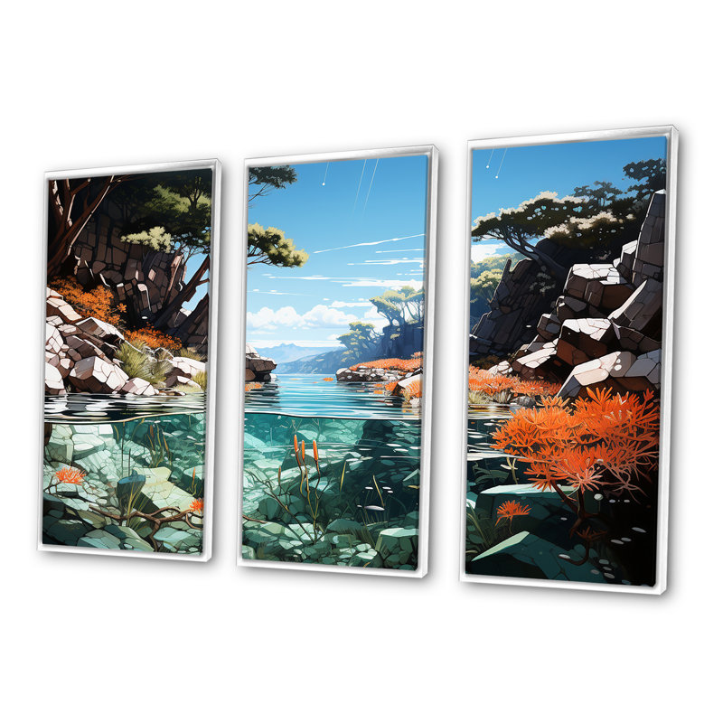 Corail et anémone - ensemble de reproduction d'art mural corail sous l'eau, Cadre flottant blanc, H 28 po x l 36 po x P 1 po