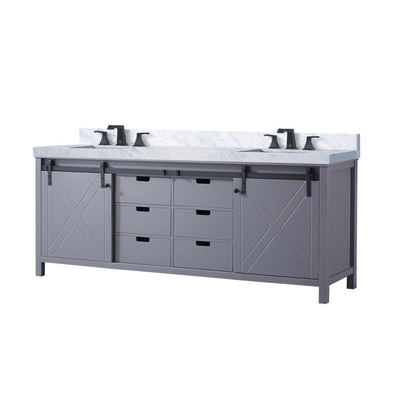 Ensemble de meuble-lavabo double gris foncé l 84 po x P 22 po, comptoir en marbre de Carrare et robinet