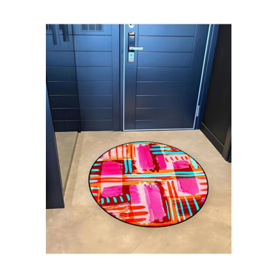 Pink Themed Abstract Geometric Patterned Round Woven Base Modern Decorative Carpet