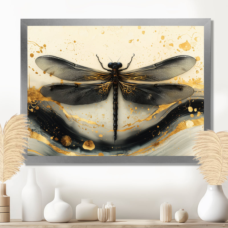 Muneesa Golden Dragon Fly Flight of Elegance - Libellule encadrée, Reproduction encadrée d'une seule photo, Argent