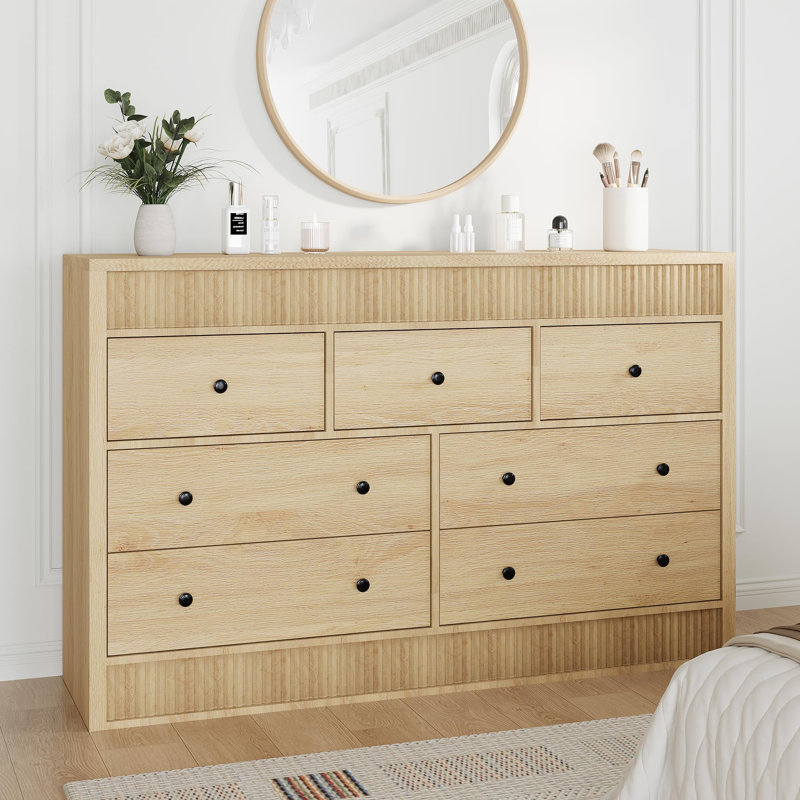 Fluted 7 Drawer Wooden Dresser, 54" Wide Modern Storage Chest for Bedroom or Living Room, Natural