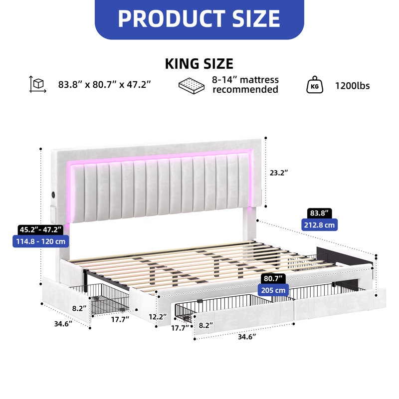 Lit plateforme à panneau de rangement tapissier, Blanc, Très grand