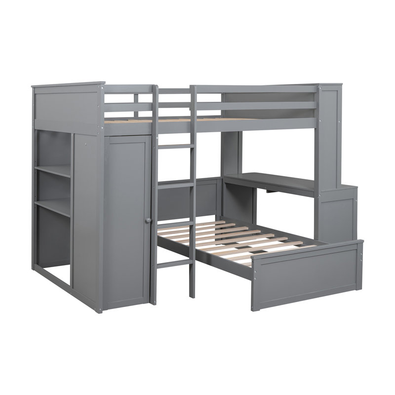 Lit mezzanine double avec lit simple autoportant, tablettes, bureau et garde-robe gris, Lit double, Gris
