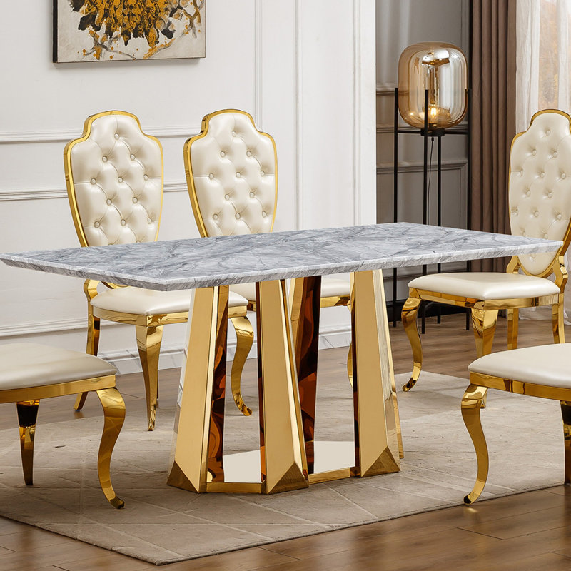 Table de salle à manger en marbre pour 6 personnes, table de salle à manger rectangulaire en faux marbre avec base en acier inoxydable à finition miroir, table de cuisine moderne en marbre de grande taille (table seulement)