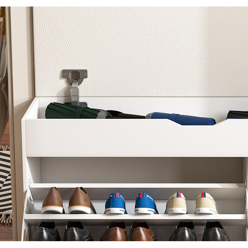 Entryway Bench with Shoe Storage,Adjustable 3-Tier Flip-Up Drawers & Hidden Cabinet,Space-Saving Shoe Organizer,Triple Storage and Modern Design,for Hallway and Living Room,White
