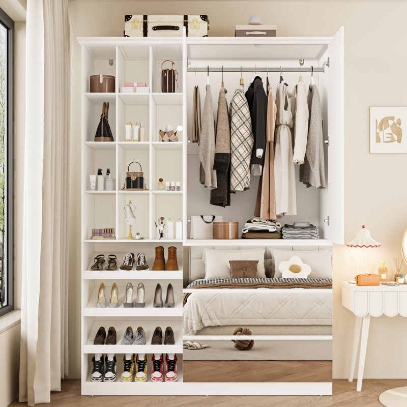 Armoire-penderie pleine grandeur à miroir, armoires modernes avec supports à chaussures, rangement ouvert pour garde-robe, 2 portes et 3 tiroirs pour la chambre à coucher