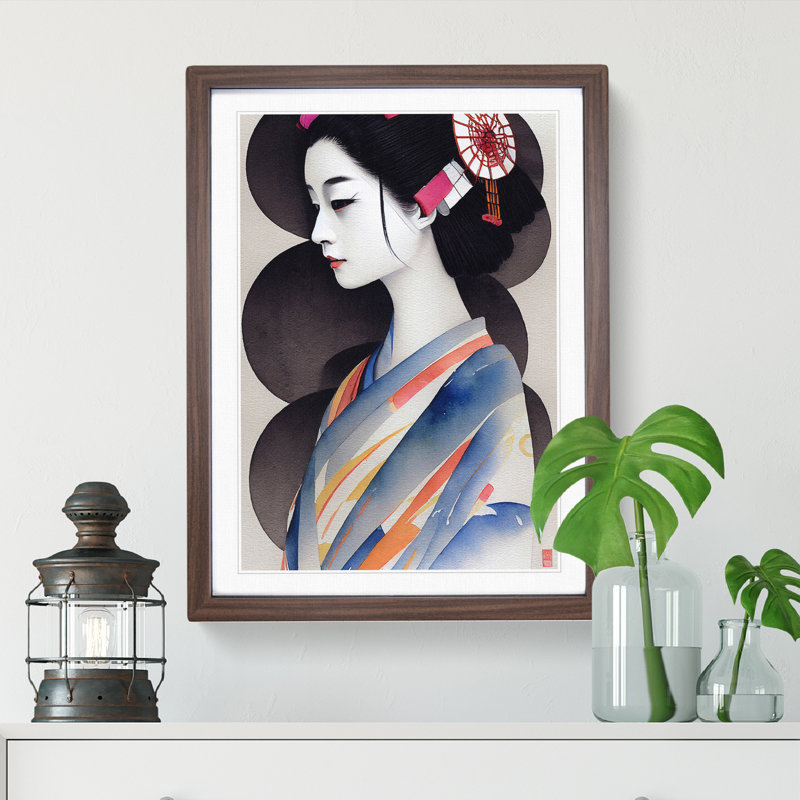Inspiring Geisha - Wrapped Canvas Painting, Walnut Framed, 64cm H x 46cm W x 2cm D