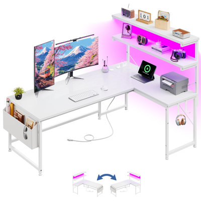 Bureau d'ordinateur en L avec lumières DEL et prise de courant, bureau de jeu réversible de l 53 po avec tablette de rangement, sac latéral, crochets pour bureau personnel, blanc