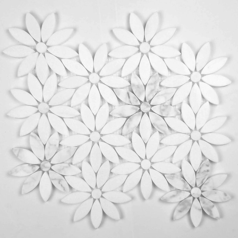 Tuscany 12 in. x 12 in. Marble Pressed Edge Flower Mosaic Decorative Kitchen & Bathroom Wall Tile, Calacatta White
