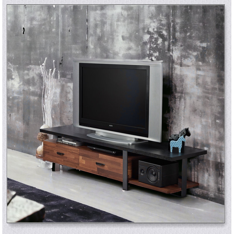 Meuble télé à 2 tiroirs en noyer et noir avec 1 tablette, parfait pour le divertissement organisé et l'esthétique moderne