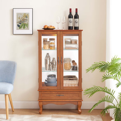 Lighted Glass Display Cabinet with Adjustable Shelves, Two Doors and One Drawer for Home Decor and Storage, Ideal for Showcasing Treasures