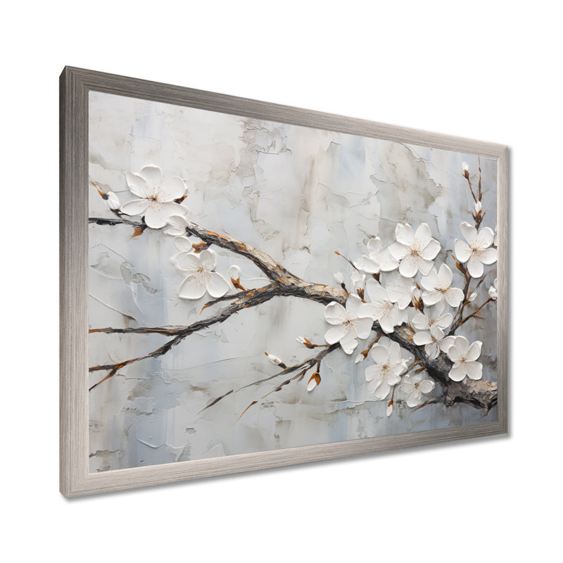 Minimalisme blanc et gris cerisier en fleurs - art mural cerisier en fleurs pour le salon, H 12 po x l 20 po x P 1 po