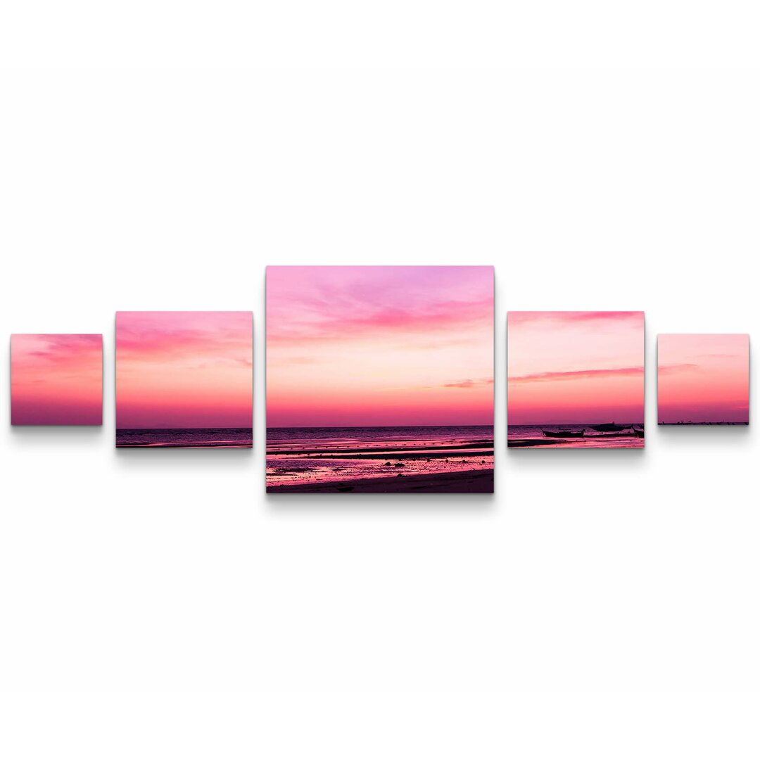 5-tlg. Leinwandbilder-Set Pinker Sonnenuntergang am Meer