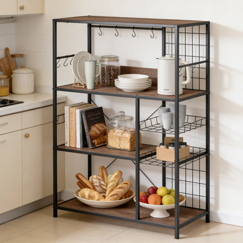 Étagère de boulanger industrielle avec prise de courant et rangement, organisateur de tablette de cuisine multifonctionnel avec support pour micro-ondes, paniers grillagés et crochets