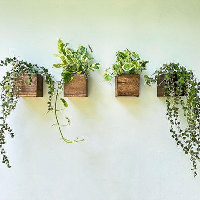 Wood Planter Boxes (4 Pack, 4X4 Inch) Small Square Wooden Wall Mounted Flower Pot For Indoor Plants, Window Box Mount Hanging Herb Planters Outdoor Plant Holder Vertical Garden Home Decor