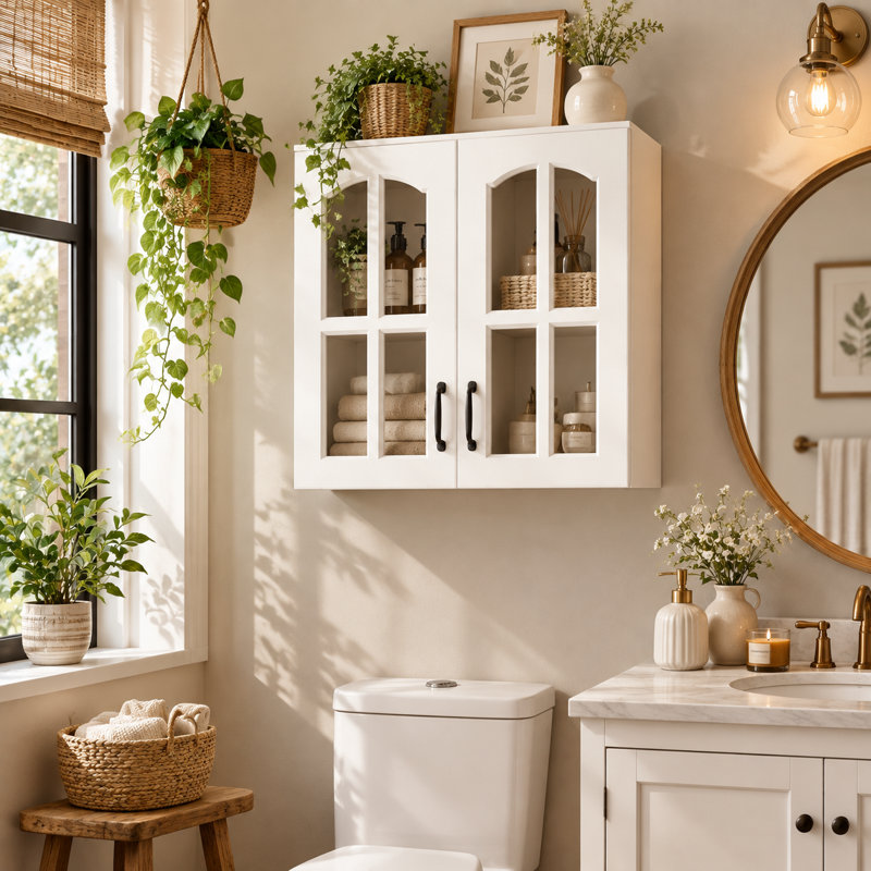 Armoire murale blanche 23,62 po avec portes en verre et tablettes fixes