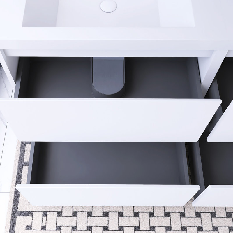 60 po W Meuble-lavabo autoportant à double cuve avec lavabo blanc, Blanc