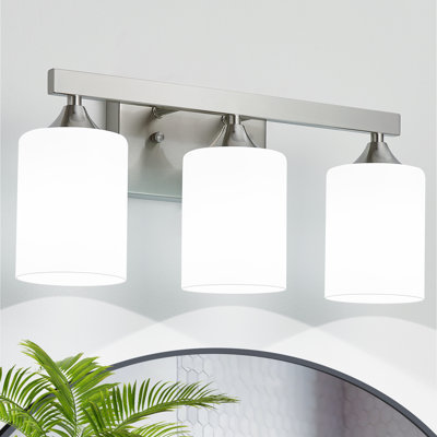 3-Light Brushed Nickel Silver Bathroom Vanity Light, Easy Clean Metal Wall Light with Cylinder Glass Shade, Contemporary Wall Sconce for Guest Bath,No light bulb (White)
