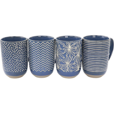 4-piece Stoneware Mug Set, 19oz, Assorted Blue & Mint Designs, Microwave & Dishwasher