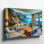 Toile, un salon moderne avec une grande murale de brume, art mural, falaises surplombant une mer tranquille baignée d'une douce lumière diffuse-1925677376